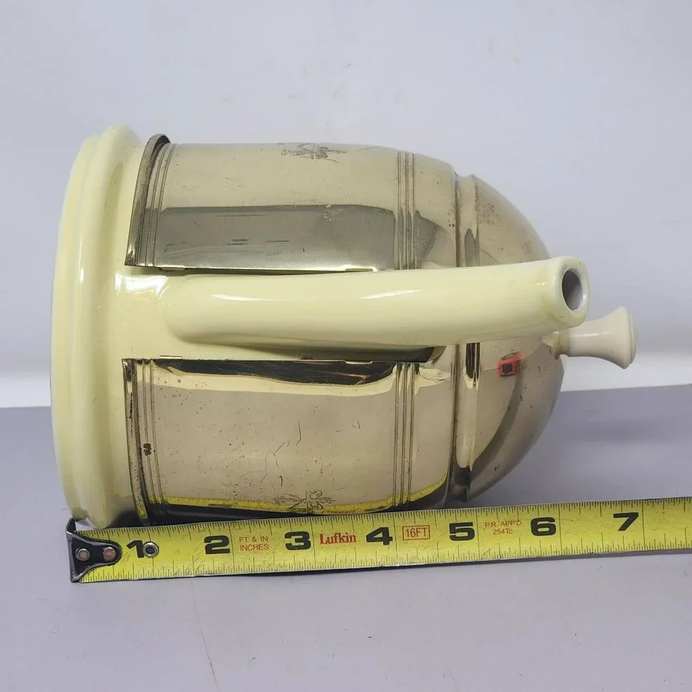 Vintage Hall China Metallic Gold & Cream Tea‎ Kettle W/ Ornate Embossed Design